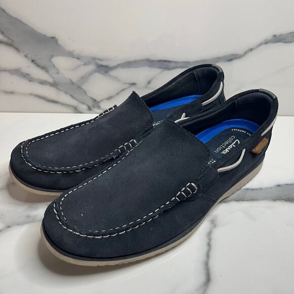 Clarks Noonan Cushioned Moccasins Loafers Slip-On Navy Suede Comfort Shoes 12 M - Picture 3 of 7